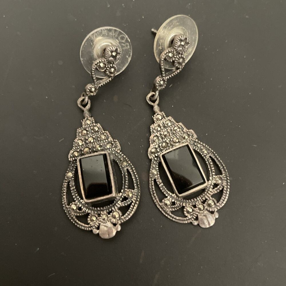 925 Sterling Silver Vintage Black Onyx & Marcasite Gem Art-Deco-Style Earrings